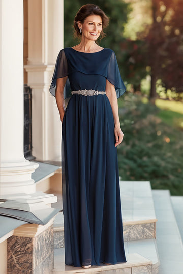 Robe en mousseline de soie A Line Capelet Marine Mère de la mariée avec taille perlée